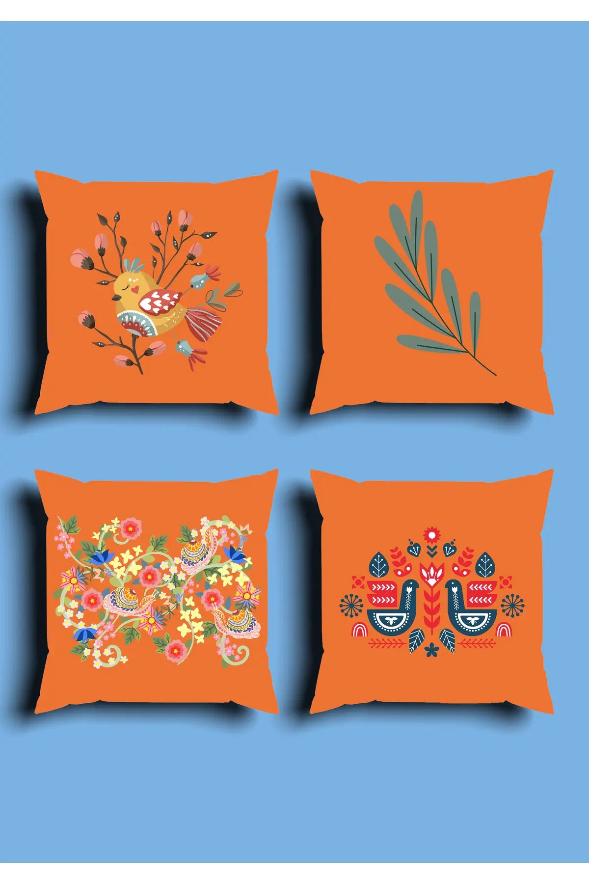 Vibrant Orange Scandinavian Folk Art Bird Cushion Cover Set & Table Runner - Traditional Slavic Floral & Blue Botanical Leaf Branch Combo