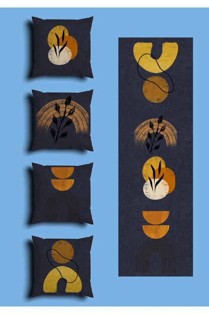 Navy Blue Minimalist Arch Cushion Cover Set & Table Runner - Mustard Yellow Geometric Half Circle & Modern Botanical Wheat Branch Combo