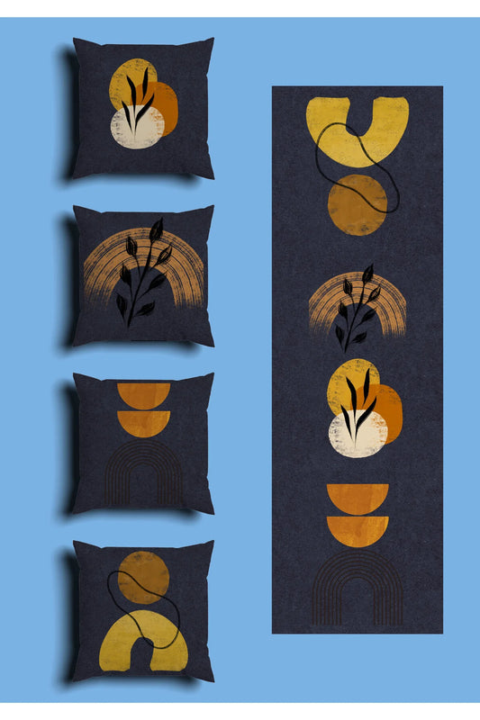 Navy Blue Minimalist Arch Cushion Cover Set & Table Runner - Mustard Yellow Geometric Half Circle & Modern Botanical Wheat Branch Combo