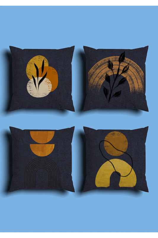 Navy Blue Minimalist Arch Cushion Cover Set & Table Runner - Mustard Yellow Geometric Half Circle & Modern Botanical Wheat Branch Combo