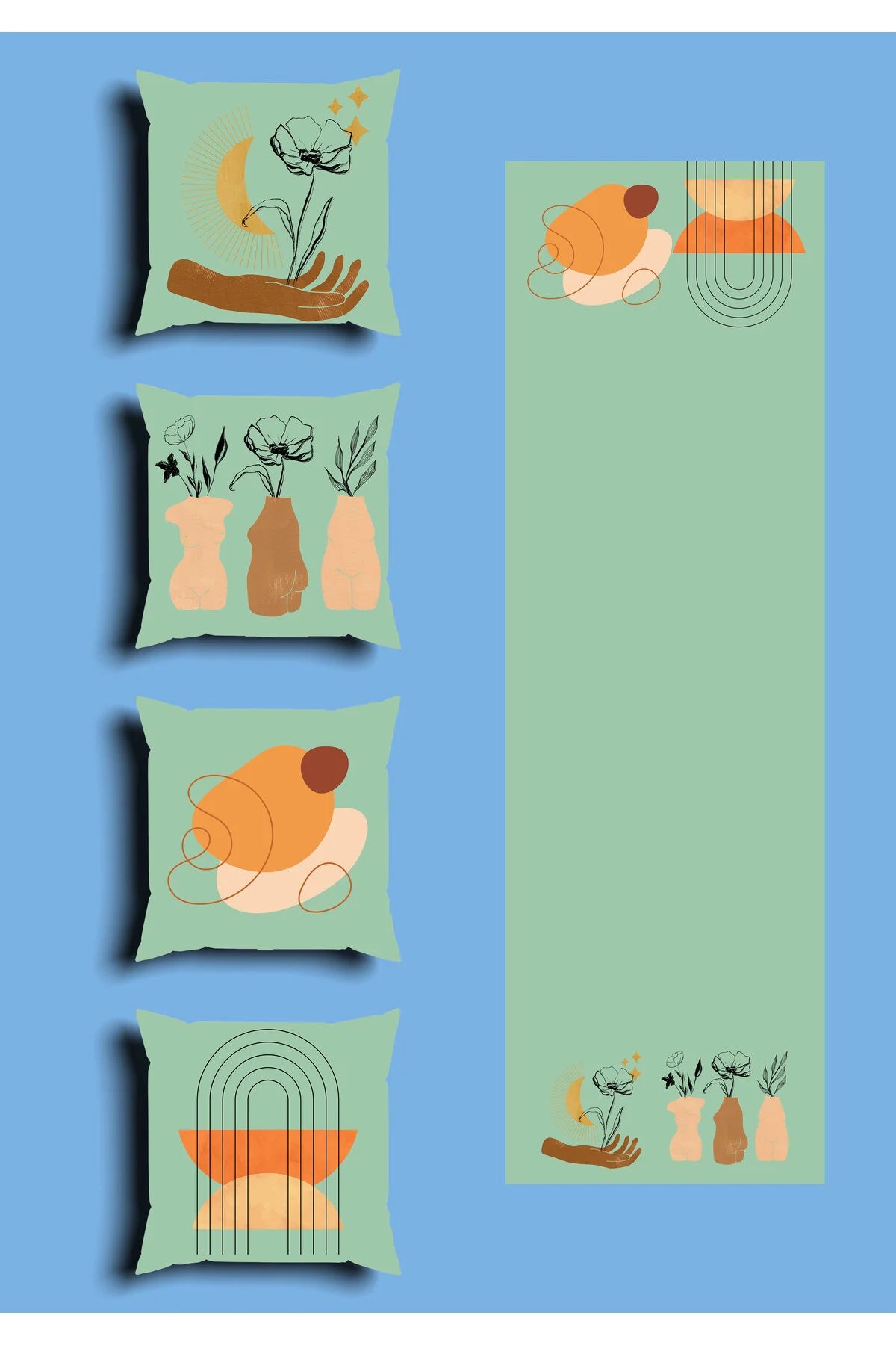 Light Green Boho Line Art Flower Hand Cushion Cover Set & Table Runner - Abstract Terracotta Arch & Ceramic Vase Combo