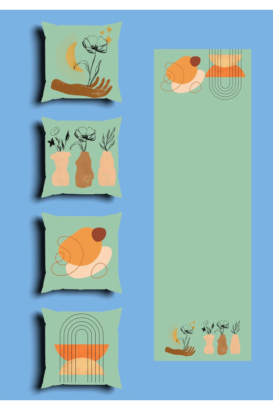 Light Green Boho Line Art Flower Hand Cushion Cover Set & Table Runner - Abstract Terracotta Arch & Ceramic Vase Combo