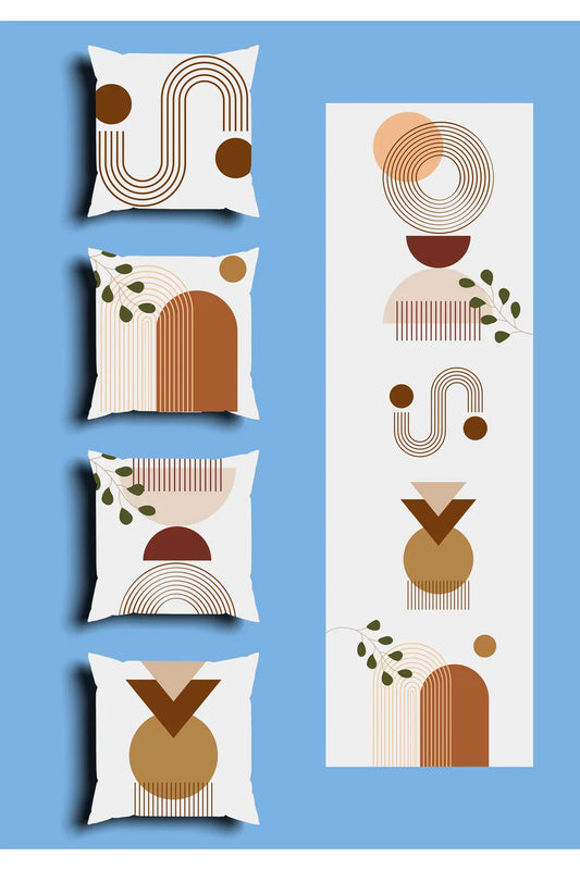 Minimalist White Geometric Arch Cushion Cover Set & Table Runner - Terracotta Abstract Line Loops & Green Botanical Branch Combo