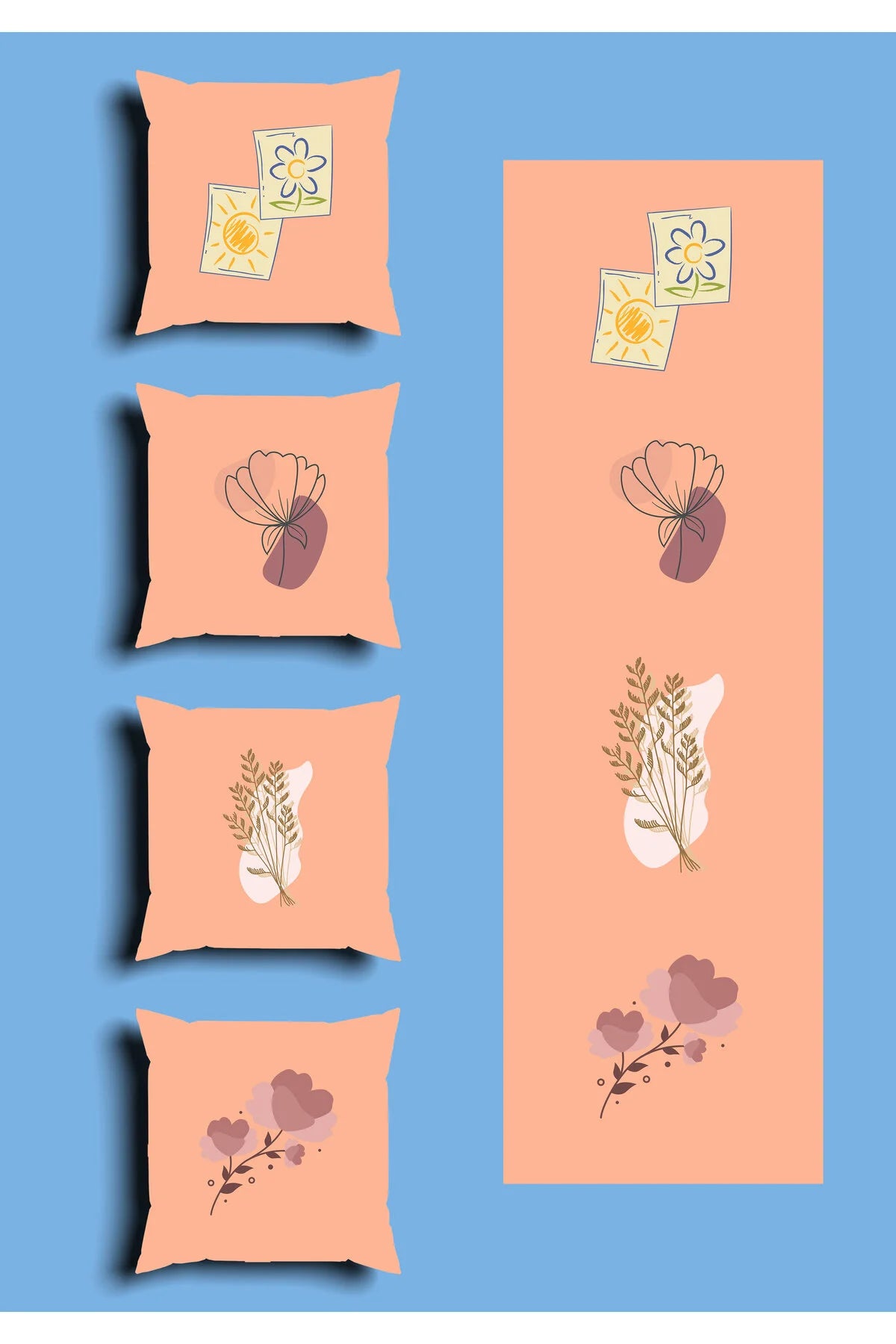 Soft Salmon Pink Floral Cushion Cover Set & Table Runner - Cute Pastel Daisy & Minimalist Line Art Botanical Bouquet Combo