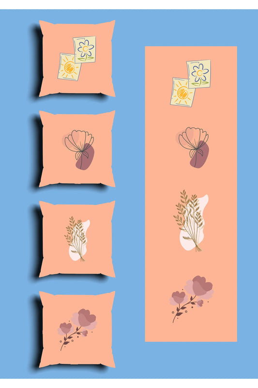 Soft Salmon Pink Floral Cushion Cover Set & Table Runner - Cute Pastel Daisy & Minimalist Line Art Botanical Bouquet Combo