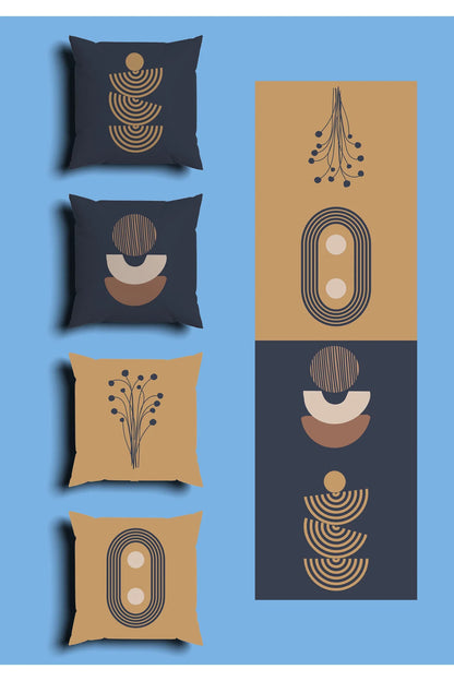Navy Blue & Mustard Yellow Geometric Cushion Cover Set & Table Runner - Abstract Half Moon Arch & Minimalist Plant Branch Combo