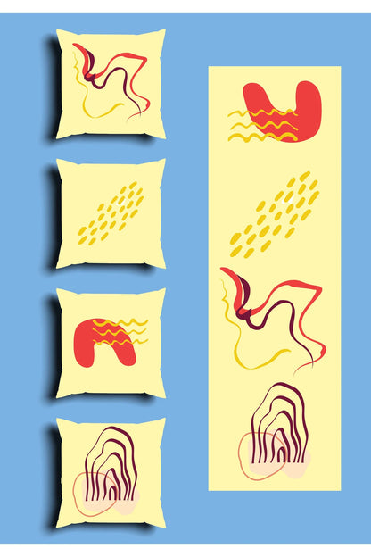 Modern Yellow Abstract Line Cushion Cover Set & Table Runner - Retro Red Fluid Wave & Minimalist Geometric Pattern Combo