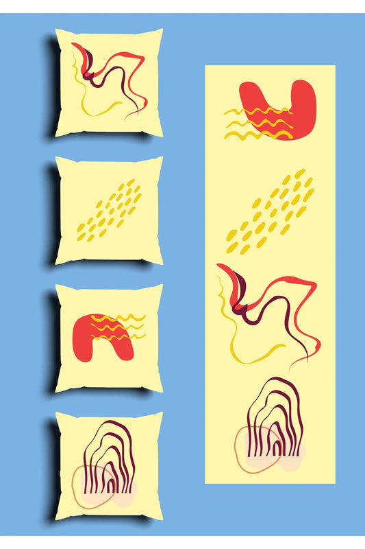 Modern Yellow Abstract Line Cushion Cover Set & Table Runner - Retro Red Fluid Wave & Minimalist Geometric Pattern Combo