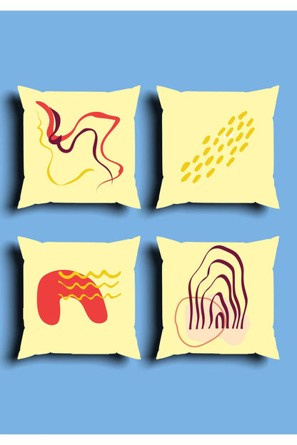 Modern Yellow Abstract Line Cushion Cover Set & Table Runner - Retro Red Fluid Wave & Minimalist Geometric Pattern Combo