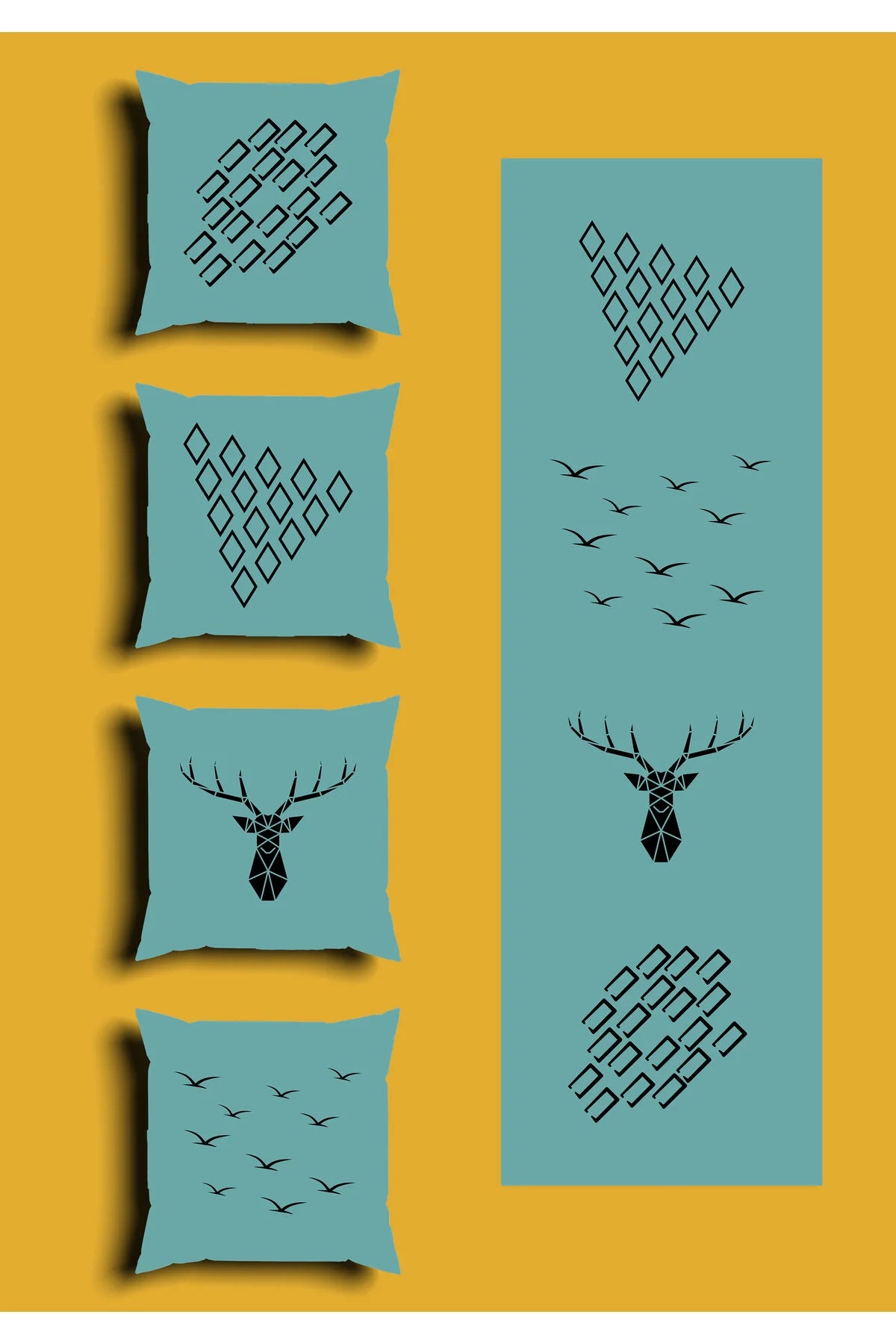 Modern Teal Green Reindeer Cushion Cover Set & Table Runner - Origami Geometric Diamond & Flying Birds Pattern Combo