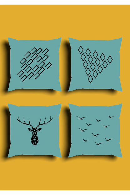 Modern Teal Green Reindeer Cushion Cover Set & Table Runner - Origami Geometric Diamond & Flying Birds Pattern Combo