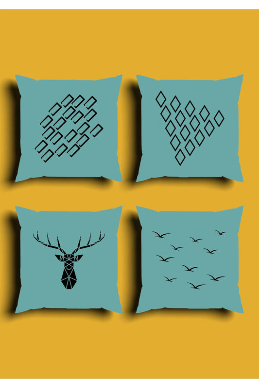 Modern Teal Green Reindeer Cushion Cover Set & Table Runner - Origami Geometric Diamond & Flying Birds Pattern Combo