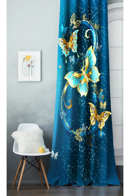 Butterfly Fairytale Patterned Digital Printed Drape (Single Panel) - Modern Colorful Stars & Suede Texture