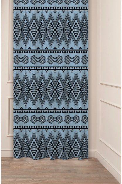 Classic Ethnic Geometric Tribal Blackout Curtain Panels - Traditional Aztec Diamond Pattern & Muted Slate Blue Bohemian Ikat Backdrop