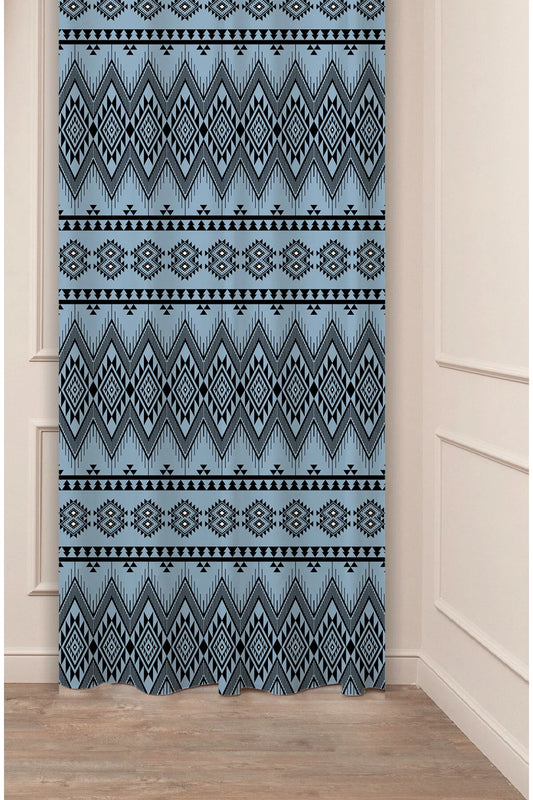 Classic Ethnic Geometric Tribal Blackout Curtain Panels - Traditional Aztec Diamond Pattern & Muted Slate Blue Bohemian Ikat Backdrop