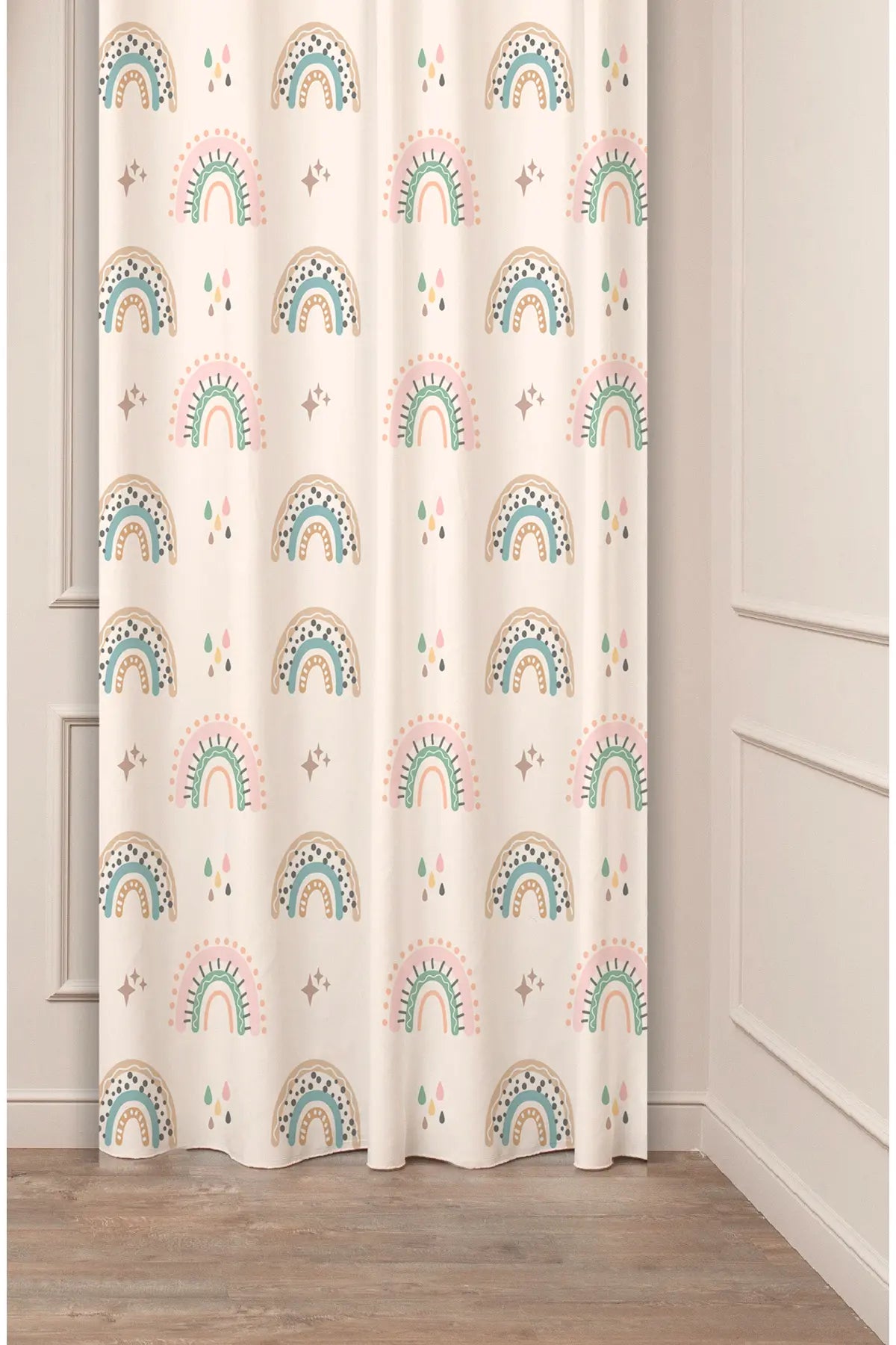 Cute Boho Pastel Rainbow Nursery Curtain Panels - Whimsical Watercolor Magic Rain Drop & Starry Sky Kids Playroom Backdrop
