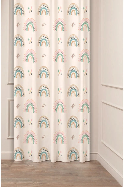 Cute Boho Pastel Rainbow Nursery Curtain Panels - Whimsical Watercolor Magic Rain Drop & Starry Sky Kids Playroom Backdrop