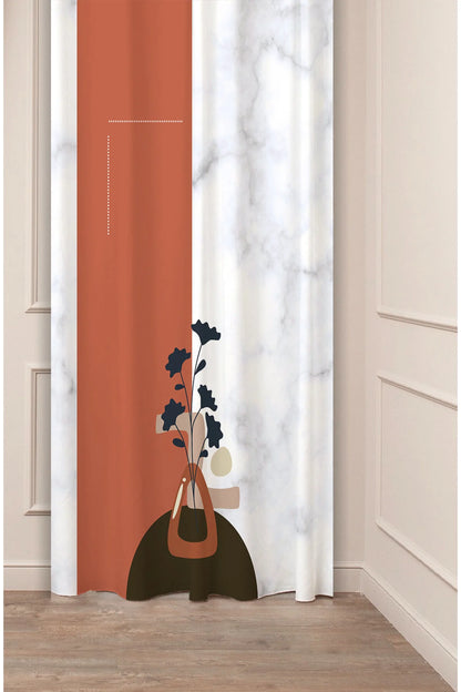Modern Luxury White Marble & Terracotta Arch Curtain Panels - Surrealist Ceramic Vase & Midnight Navy Botanical Branch Art Drape