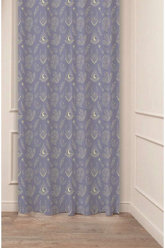 Mystical Celestial Lavender Purple Blackout Curtain Panels - Witchy Esoteric Gold Crescent Moon & Magic Crystal Spiritual Living Room Backdrop
