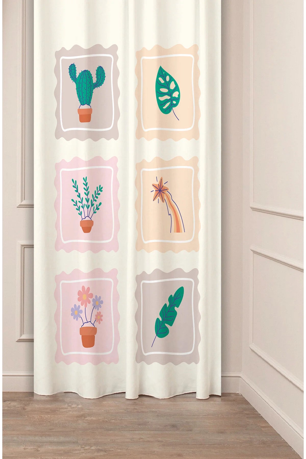 Cute Retro Postage Stamp Botanical Curtain Panels - Whimsical Pastel Cactus & Monstera Leaf Nursery & Playroom Window Drapery