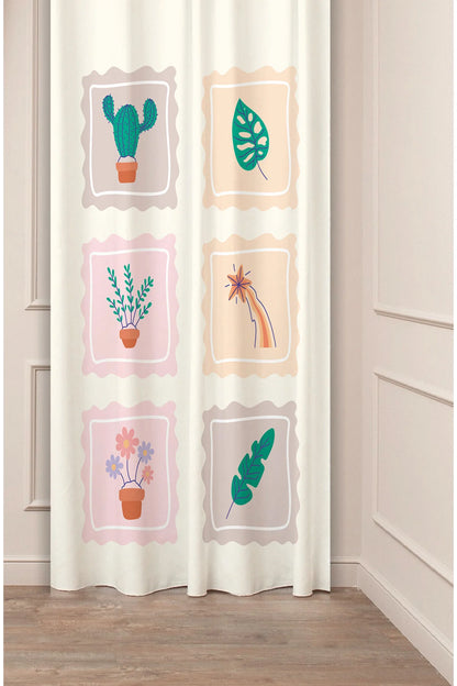 Cute Retro Postage Stamp Botanical Curtain Panels - Whimsical Pastel Cactus & Monstera Leaf Nursery & Playroom Window Drapery