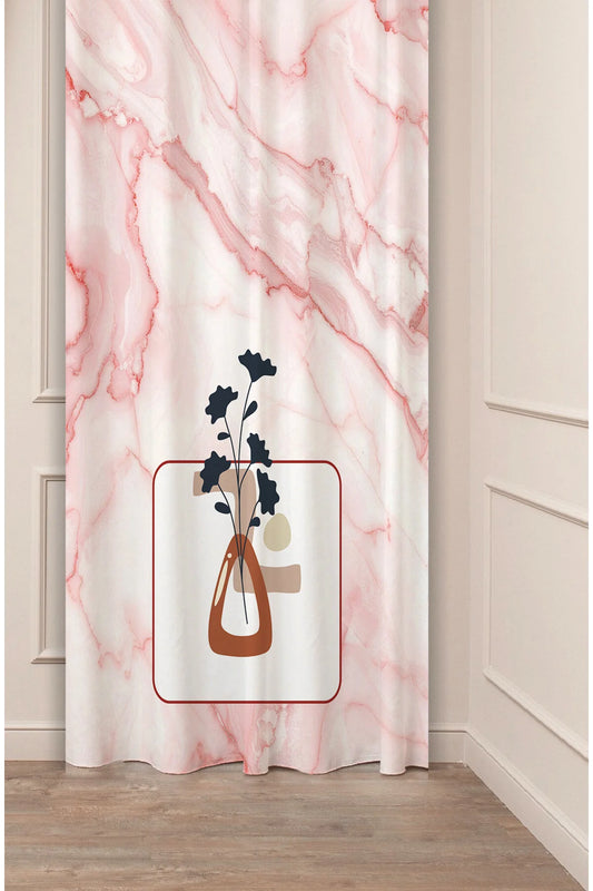 Luxury Rose Pink Marble & Terracotta Abstract Curtain Panels - Elegant Line Art Ceramic Vase & Indigo Botanical Flora Living Room Drapery
