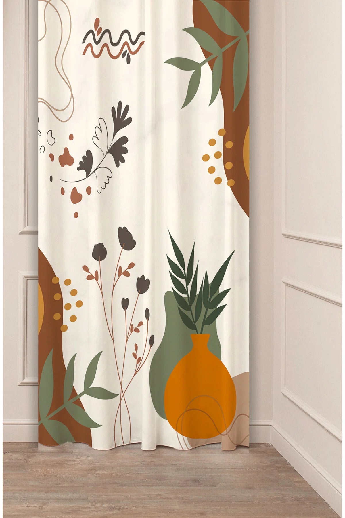 Modern Boho Botanical Ceramic Vase Curtain Panels - Organic Olive Green Leaf & Terracotta Earthy Geometry Abstract Living Room Drapery