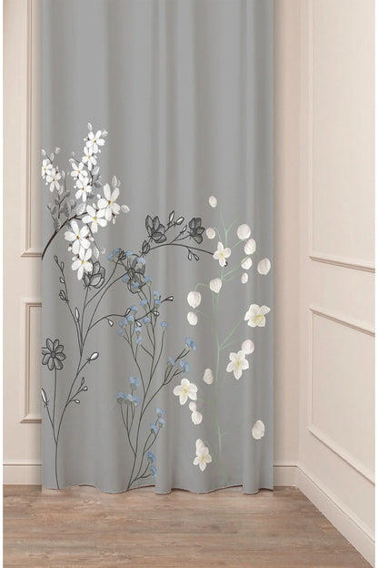 Boho Soft Grey Floral Leaf Patterned Curtain - Chic Digital Printed Single Panel Drape for Modern Home Decor