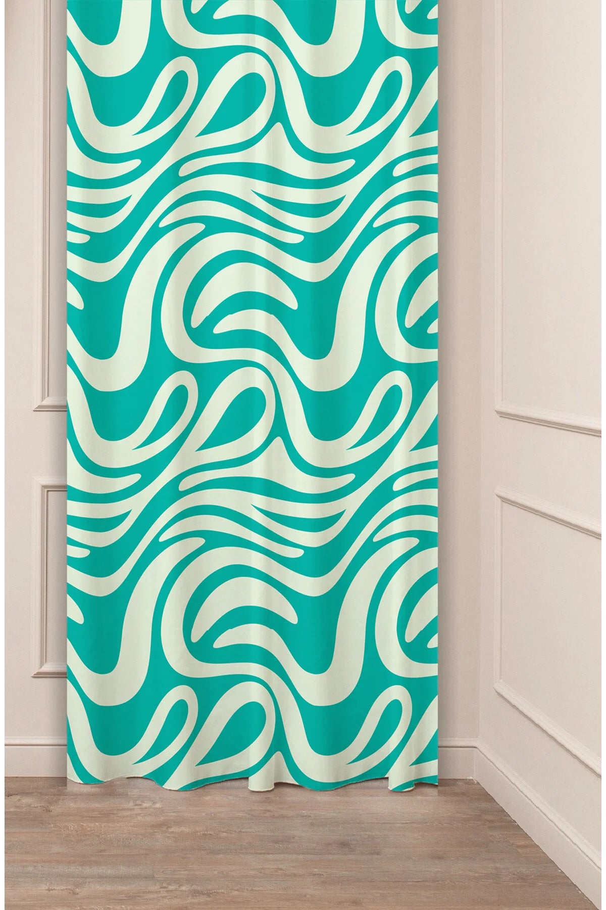 Vibrant Turquoise Teal & Cream Groovy Wave Curtain Panels - Retro Psychedelic Fluid Amorphous Swirl Abstract Living Room Drapery