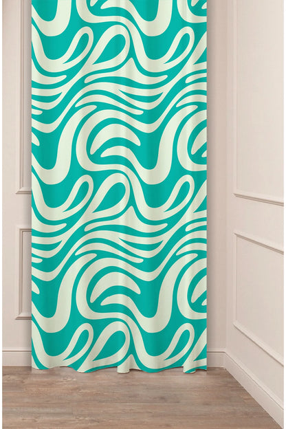 Vibrant Turquoise Teal & Cream Groovy Wave Curtain Panels - Retro Psychedelic Fluid Amorphous Swirl Abstract Living Room Drapery