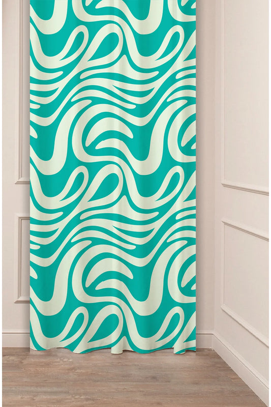 Vibrant Turquoise Teal & Cream Groovy Wave Curtain Panels - Retro Psychedelic Fluid Amorphous Swirl Abstract Living Room Drapery