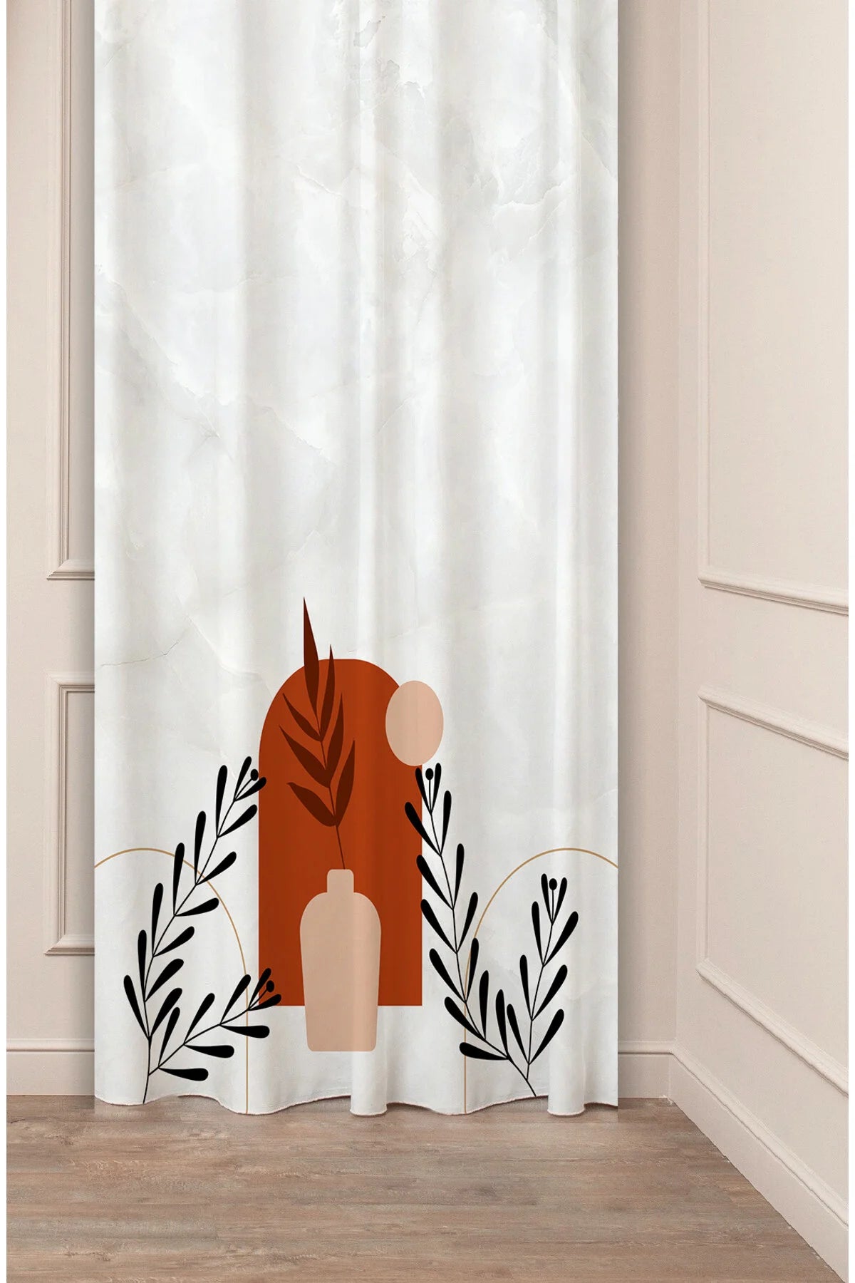 Modern Boho Terracotta Arch & Ceramic Vase Curtain Panels - Minimalist Mid-Century Clay Landscape & Botanical Line Art Living Room Drapery