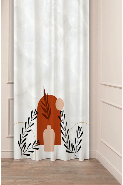 Modern Boho Terracotta Arch & Ceramic Vase Curtain Panels - Minimalist Mid-Century Clay Landscape & Botanical Line Art Living Room Drapery
