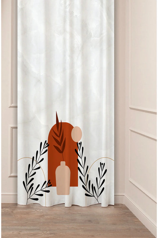 Modern Boho Terracotta Arch & Ceramic Vase Curtain Panels - Minimalist Mid-Century Clay Landscape & Botanical Line Art Living Room Drapery