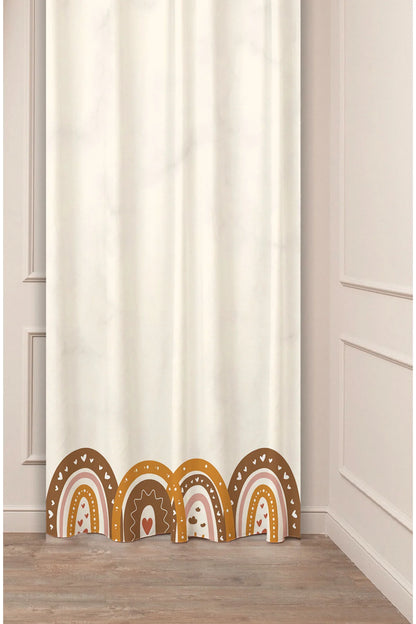 Sweet Boho Terracotta Rainbow Border Curtain Panels - Minimalist Earthy Clay Hearts Scandinavian Nursery & Kids Playroom Window Drapery