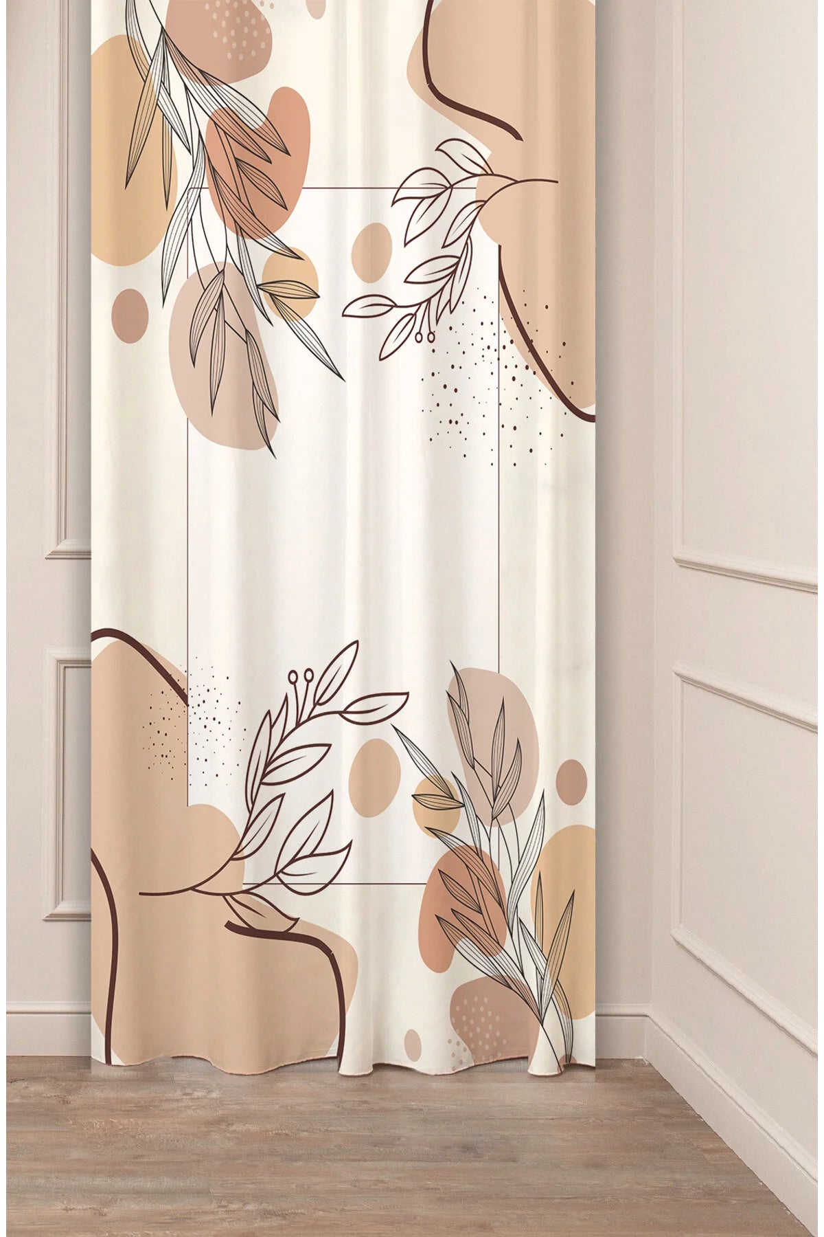 Organic Modern Beige & Terracotta Abstract Curtain Panels - Minimalist Mid-Century Amorphous Clay Spots & Botanical Leaf Line Art Living Room Drapery