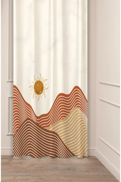Retro Boho Chic Wavy Desert Mountain Curtain Panels - Mid-Century Linear Sunburst & Interlocking Parallel Dune Lines Living Room Drapery