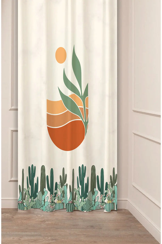 Minimalist Boho Desert Cactus Border Curtain Panels - Mid-Century Terracotta Sunset & Tropical Palm Leaf Marble Texture Living Room Drapery