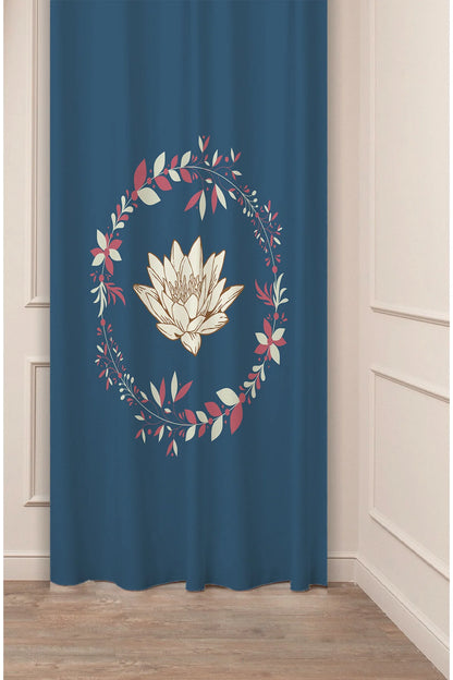 Elegant Navy Blue Lotus Flower Wreath Curtain Panels - Whimsical Botanical Floral Garland Chinoiserie Aesthetic Bedroom & Living Room Drapery