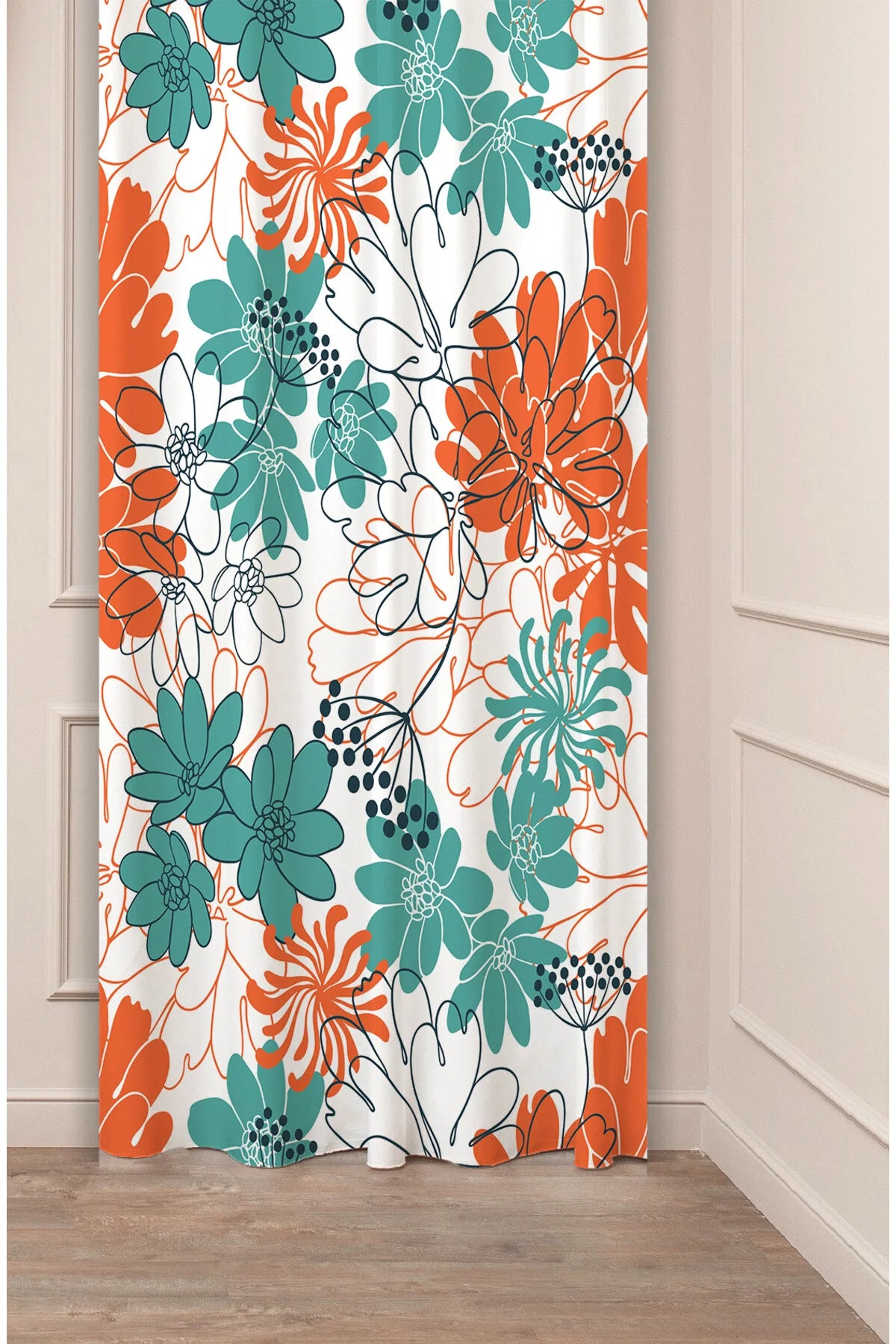 Vibrant Turquoise & Terracotta Orange Floral Curtain Panels - Modern All-Over Botanicals Bloom Flower Meadow Bright Living Room & Bedroom Window Drapery