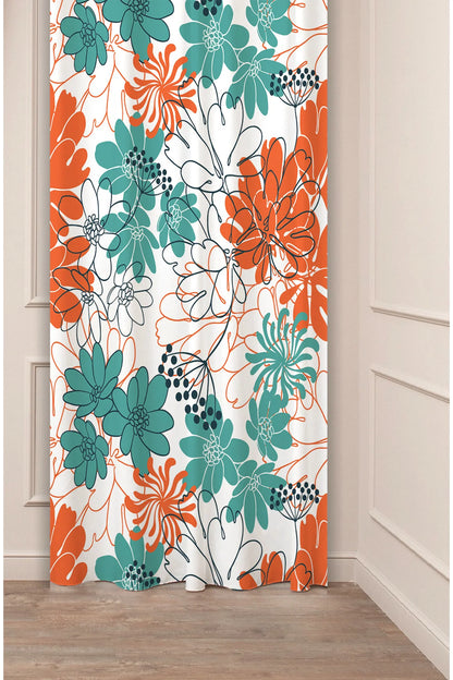 Vibrant Turquoise & Terracotta Orange Floral Curtain Panels - Modern All-Over Botanicals Bloom Flower Meadow Bright Living Room & Bedroom Window Drapery