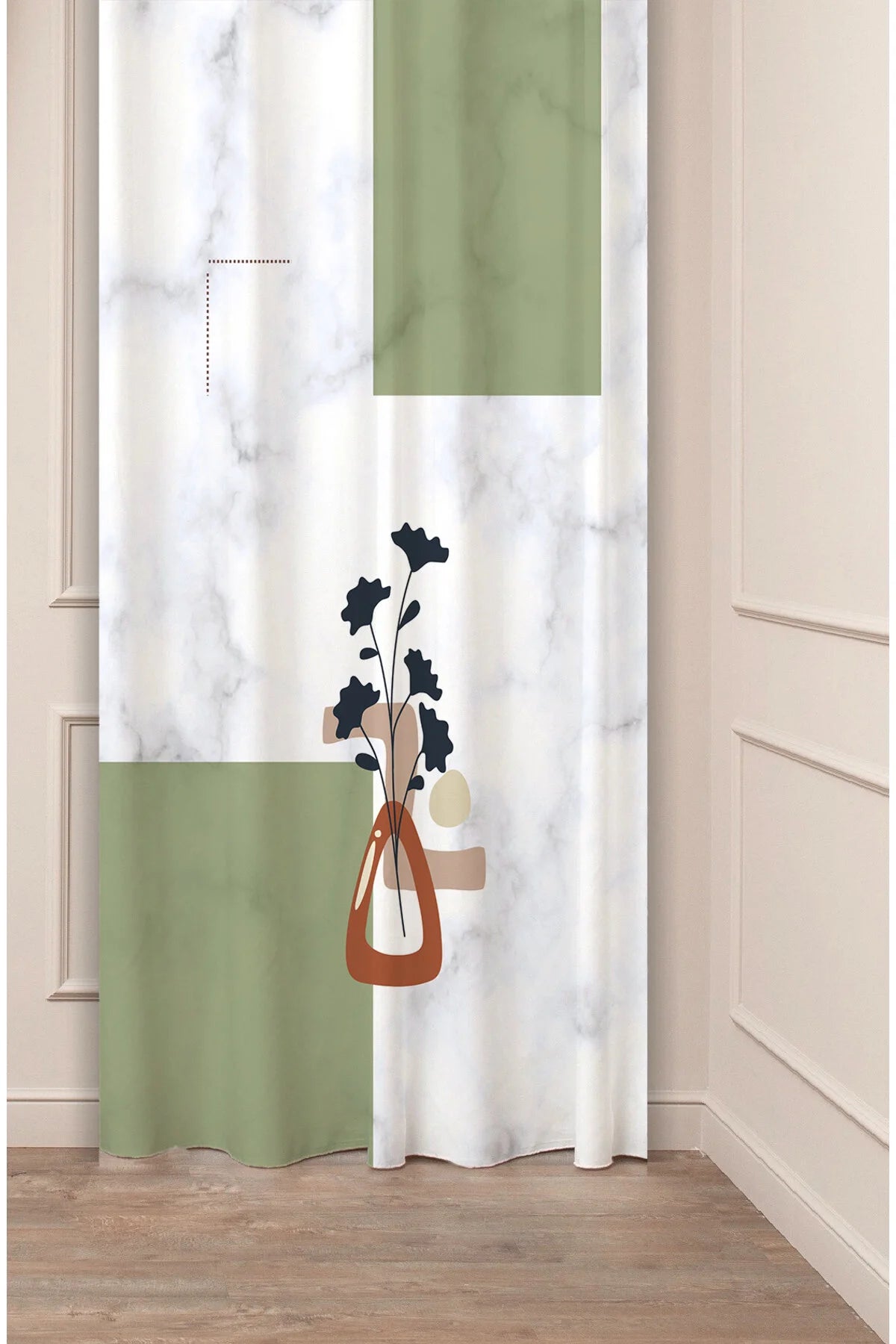 Japandi Sage Green Color Block & Marble Curtain Panels - Modern Mid-Century Terracotta Ceramic Vase Line Art Botanical Branch Living Room Drapery