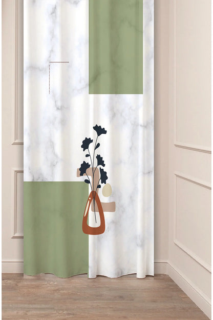 Japandi Sage Green Color Block & Marble Curtain Panels - Modern Mid-Century Terracotta Ceramic Vase Line Art Botanical Branch Living Room Drapery