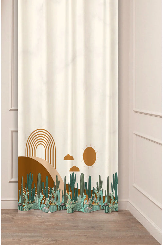 Terracotta Desert Horizon Arch Curtain Panels - Mid-Century Saguaro Cactus Garden & Earth Tone Sunset Clouds Modern Apartment Window Drapery