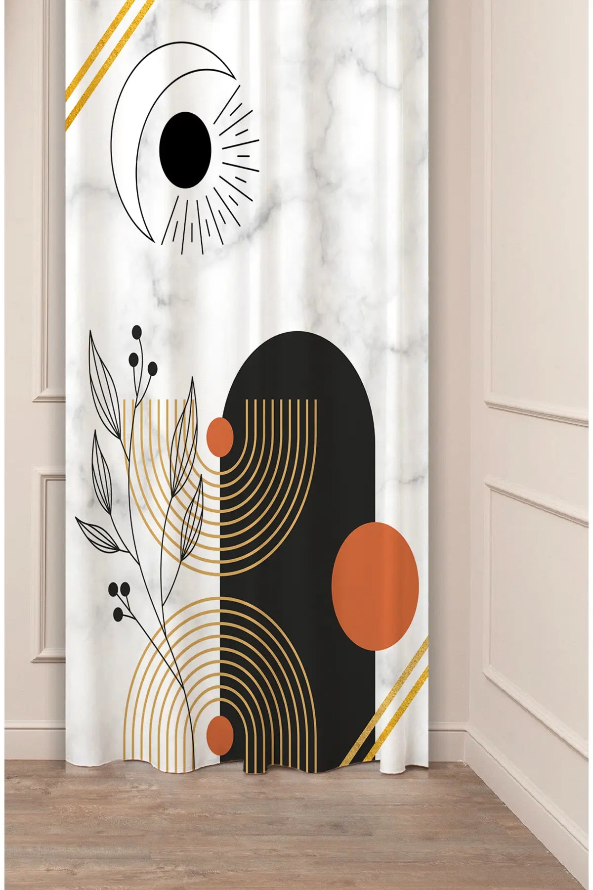 Mystical Celestial Moon & Black Arch Curtain Panels - Mid-Century Terracotta Circle & Line Art Botanical Branch Marble Texture Living Room Drapery