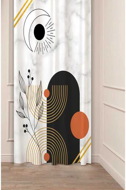 Mystical Celestial Moon & Black Arch Curtain Panels - Mid-Century Terracotta Circle & Line Art Botanical Branch Marble Texture Living Room Drapery
