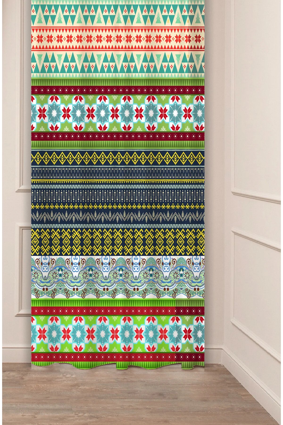 Nordic Fair Isle & Ethnic Kilim Stripe Curtain Panels - Boho Geometric Aztec Tribal Motif All-Over Rustic Cabin & Holiday Home Living Room Drapery