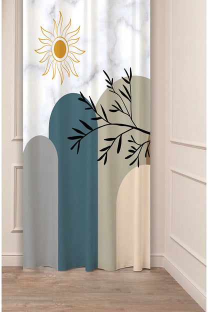 Modern Japandi Abstract Mountain & Sunburst Curtain Panels - Minimalist Teal & Earth Tone Geometric Hills Marble Texture Botanical Leaf Living Room Drapery