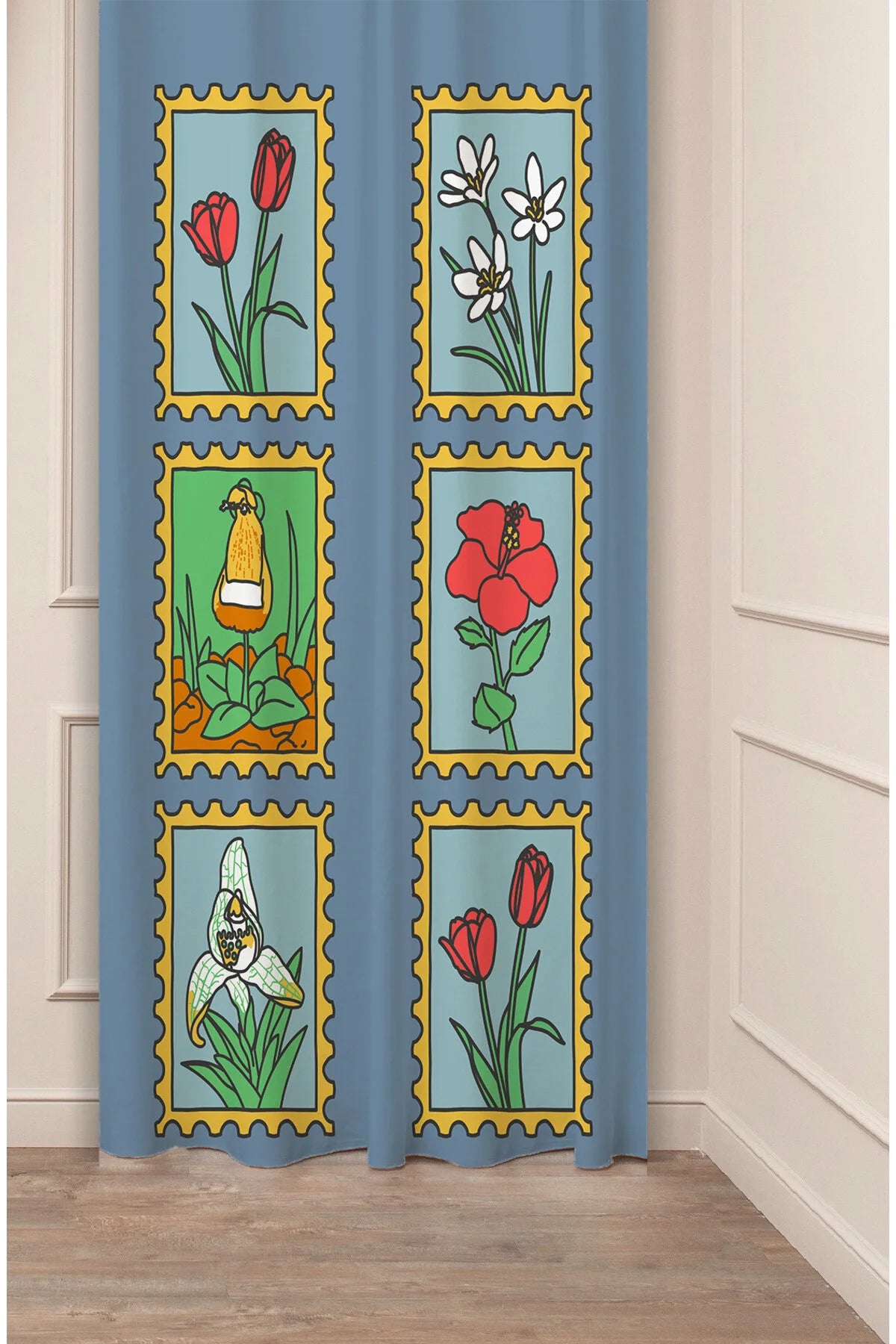 Retro Vintage Postage Stamp Floral Curtain Panels - Whimsical Botanical Flower Frame Pop Art Eclectic Living Room & Playroom Window Drapery