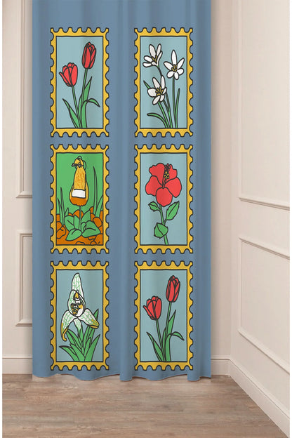 Retro Vintage Postage Stamp Floral Curtain Panels - Whimsical Botanical Flower Frame Pop Art Eclectic Living Room & Playroom Window Drapery